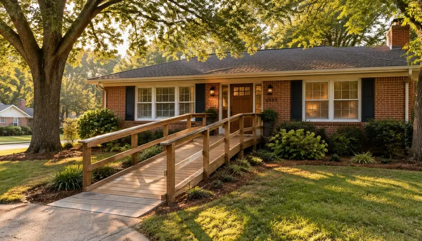 Single-story brick ranch home with a sloped wooden wheelchair ramp leading to a wide front door under oak trees