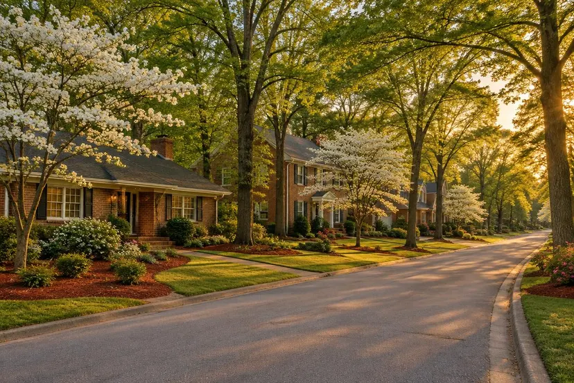 Tree-lined suburban street of brick ranch and two-story homes with blooming dogwoods at sunset