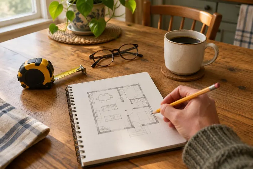 Kitchen table with a tape measure, reading glasses, coffee and a hand sketching a floor plan