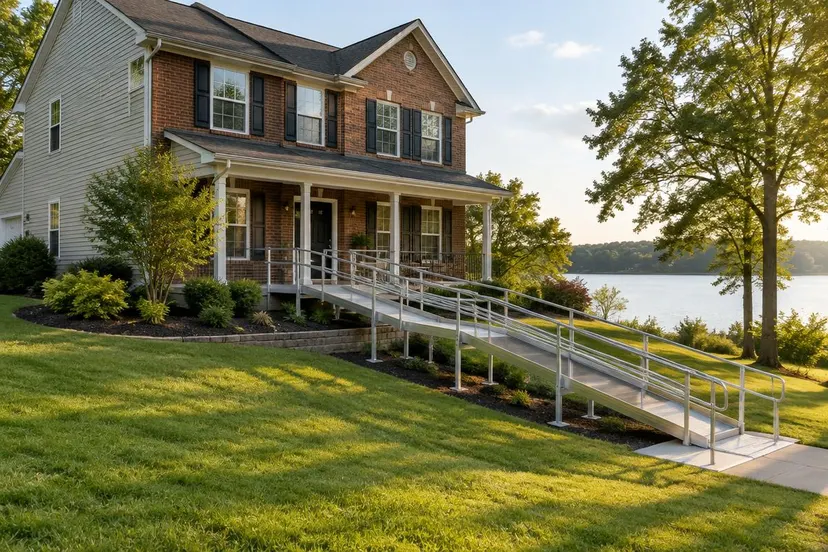Two-story brick home on a sloped lakeside lot with a long aluminum switchback ramp leading to the front porch
